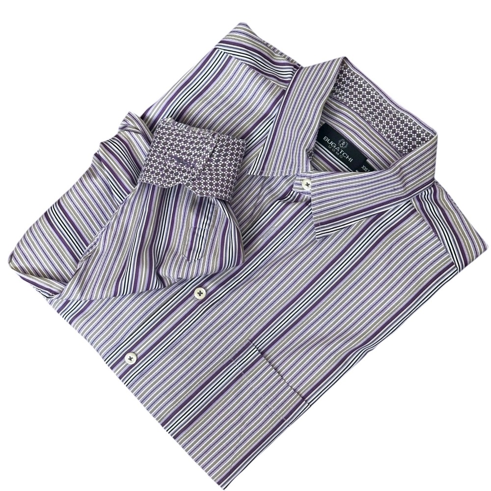 Bugatchi Shirt Uomo Men's XXL Tall Purple Stripe Dress Shirt Flip Cuff